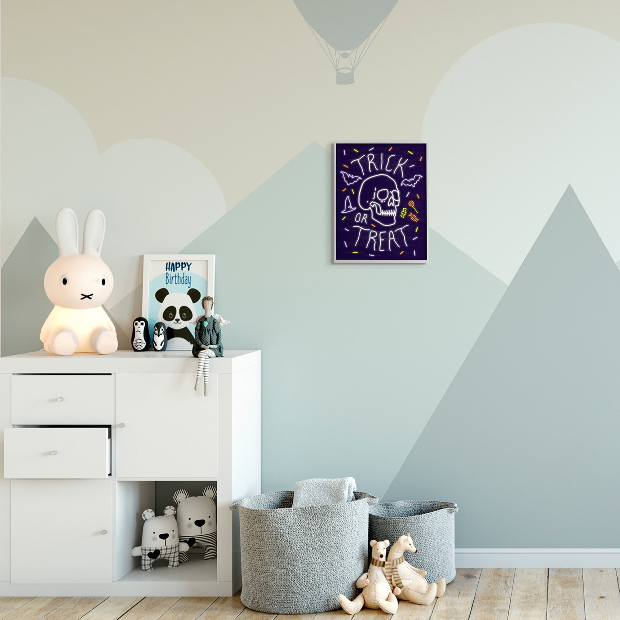 Stupell Industries Trick or Treat Halloween Phrase Spooky Skeleton Grey Framed, 11 x 14, Design by Victoria Barnes