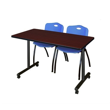Belen Kox 48" x 24" Kobe Mobile Training Table- Mahogany & 2 'M' Stack Chairs- Blue