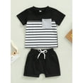 thumbnail image 3 of ZAXARRA Vêtements pour Garçons Tout-Petits, Hauts à Manches Courtes Col Rond Rayé Pantalons Courts à Cordon Tenues Décontractées, 3 of 9
