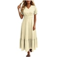 thumbnail image 2 of YuXingFu Womens Cotton Dresses with Sleeves Maxi V-Neck Plus Size Womens Dress Short Sleeve for Beach Long Casual Summer Beige XXL, 2 of 7