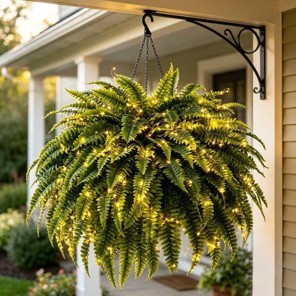 Voglyf 6Pcs Glowing Boston Ferns with Lights Oversized Pre Lit Artificial Boston Ferns UV Resistant Faux Hanging Plants Large Fake Ferns for Planters Front Porch Patio Garden Home Decor C