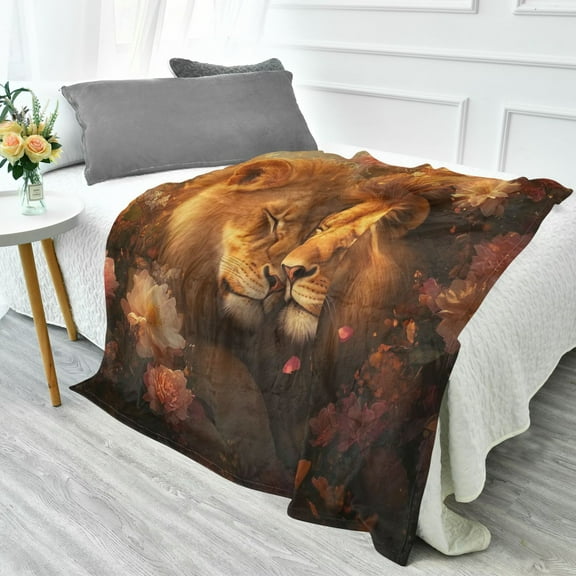 YAZAOO Travel Blanket Camping Blankets Fashion Lions in Floral Embrace Patten