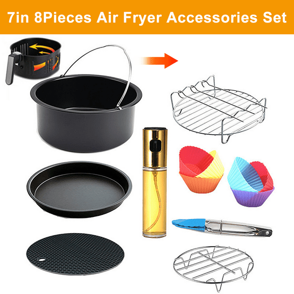 Homeminion 8Pieces Air Fryer Accessories Set - 7 In Compatible for 3.2 - 6.8QT Accessories for Air Fryer with Cake Pan,Pizza Pan,Air Fryer Liner & Oil Spray Bottle - Nonstick Coating,Dishwasher Safe