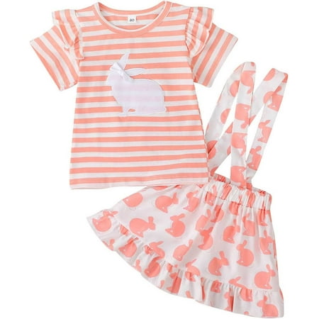 

QWZNDZGR Tracksuits Set for Toddler Baby Suspenders Tops T Striped Outfits Toddler Easter Girls Skirts (Pink 18-24 Months)