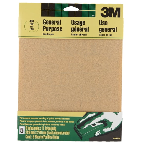3M 9001NA 9" x 11" Fine Grit Sandpaper, 5 Pieces