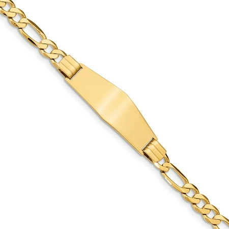 Solid 14k Yellow Gold Big Heavy Flat Figaro Link Soft Diamond-Shape ID Bracelet 7