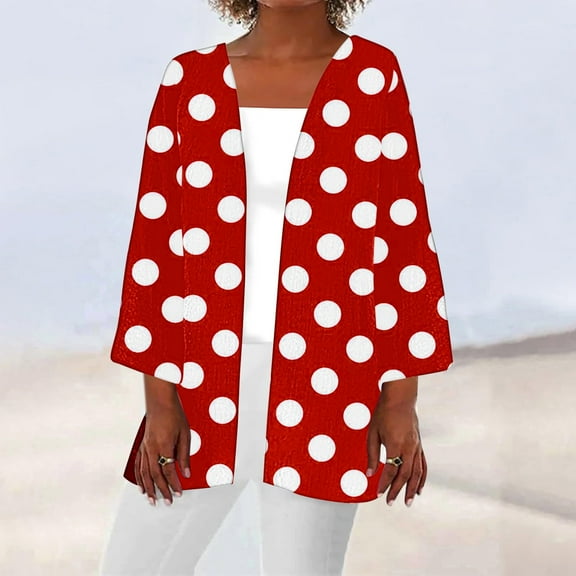Sakmal Winter Coats for Women Lightweight Cover-Up Red Elbow-Length Comfy Loose Fit Polka Dot Cardigan Ladies Coat