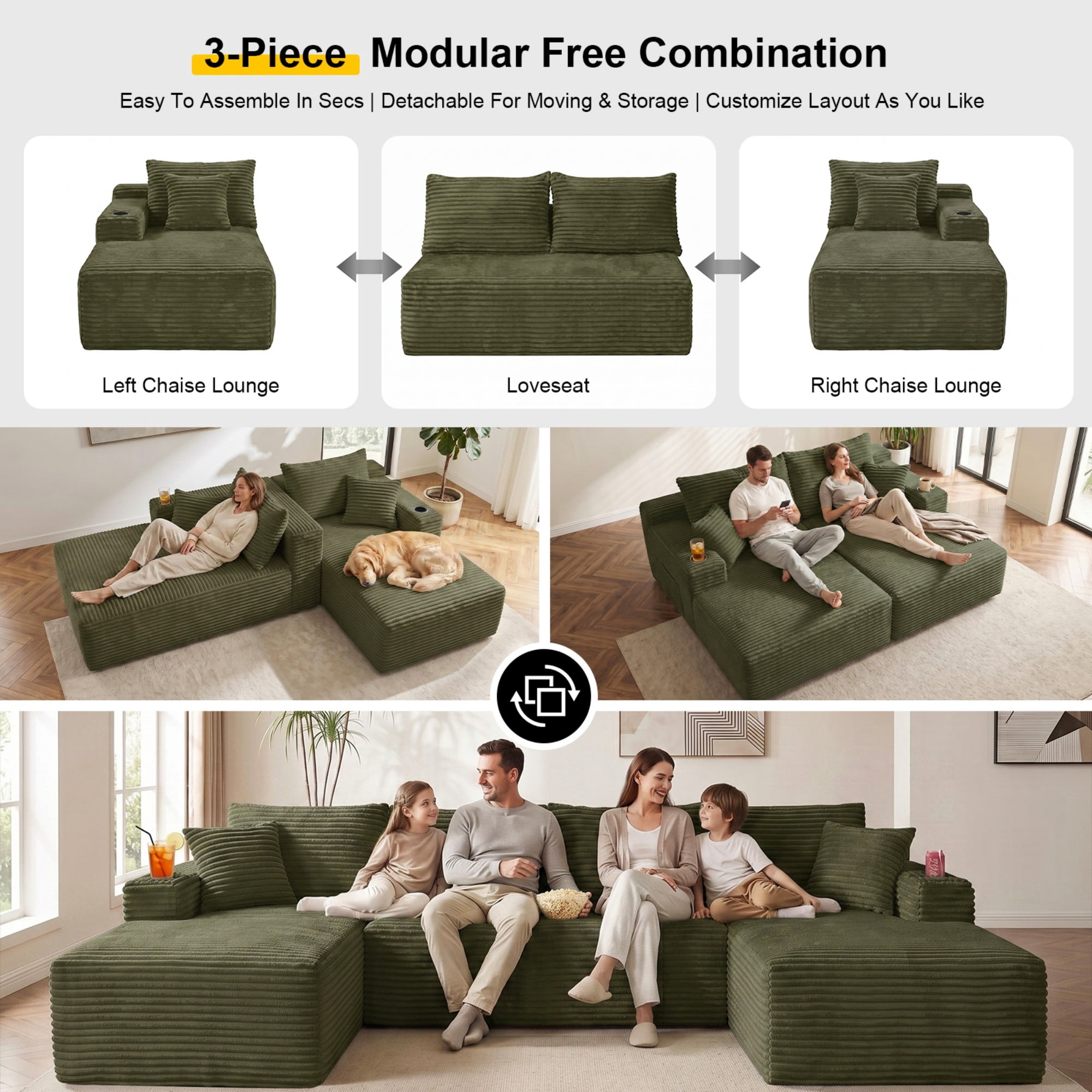 DEALTOPS 134" Corduroy U-Shape Modular Cloud Couch, Double Chaise Sectional Sofa with Cup Holders, Green