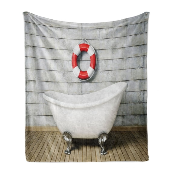Vintage Soft Flannel Fleece Throw Blanket, Bathtub in a Room Grunge Wall Classical Floral Foot Resting Sailor Nautical, Cozy Plush for Indoor and Outdoor Use, 50" x 70", White Red Grey, by Ambesonne