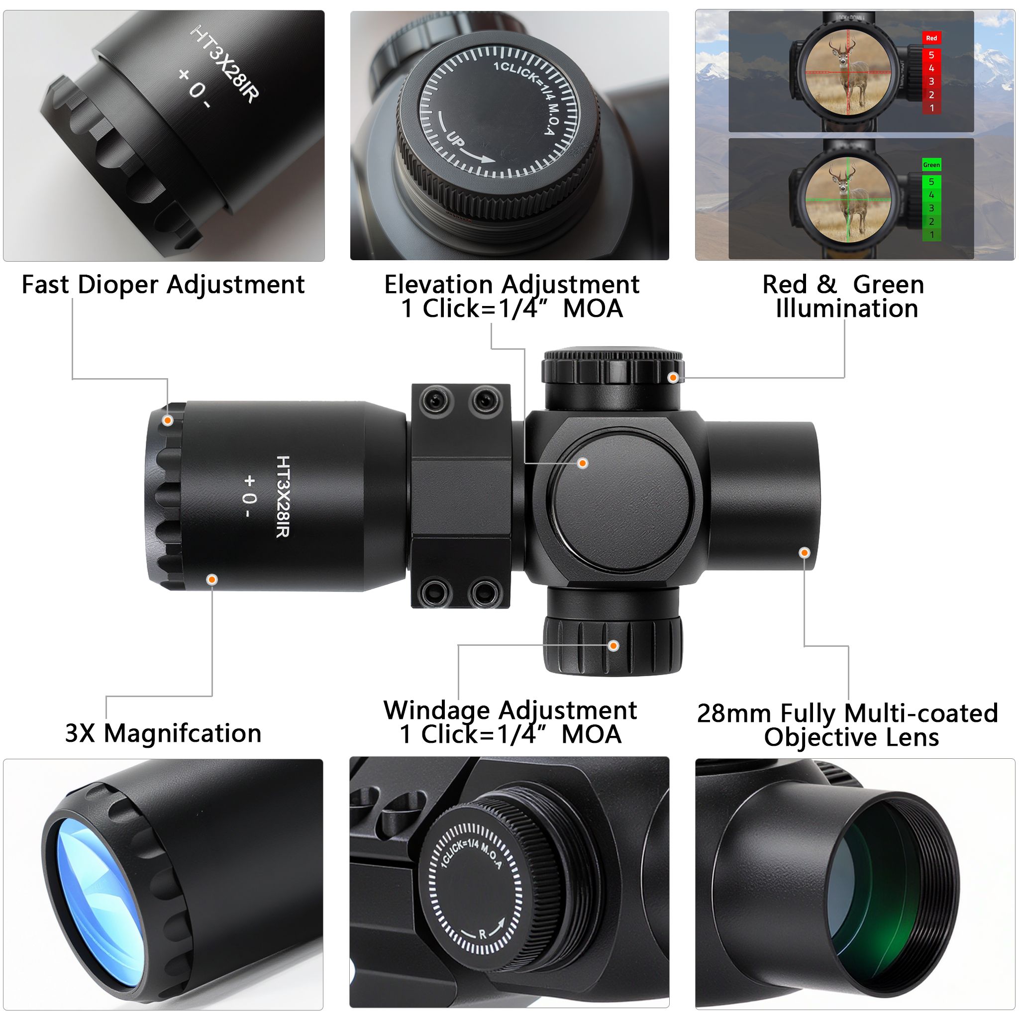 Rifle Scope 3X28, Compact Scope, for Crossbows and Rifles, with Red/Green Illuminated Reticle, Green Lens, Fast Focus Eyepiece, 30mm One-Piece Tube