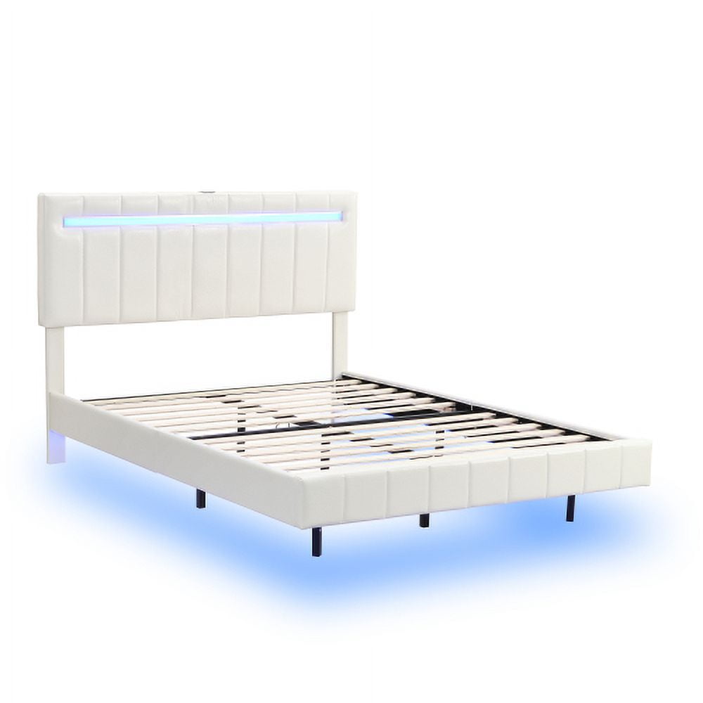 YLtoohoom Full Size Floating Bed Frame with LED Lights and USB Charging Modern Upholstered Platform LED Bed Frame Black(Full)