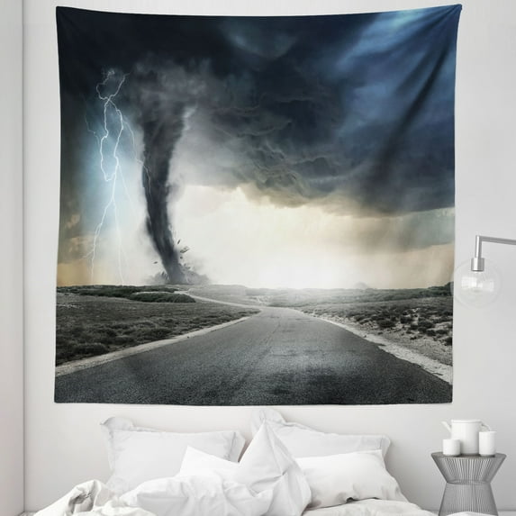 Nature Tapestry, Black Tornado Funnel Gas and Thunder Rolling on the Road Fume Disaster Monochrome Print, Fabric Wall Hanging Decor for Bedroom Living Room Dorm, 5 Sizes, Grey, by Ambesonne