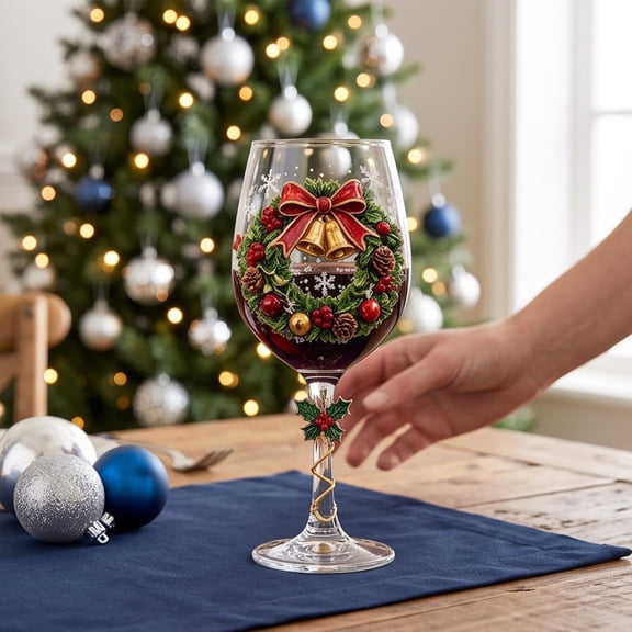 4-Piece Hand-Painted Christmas Wine Glasses – Crystal Goblets with Tree Snowflake Design for Holiday