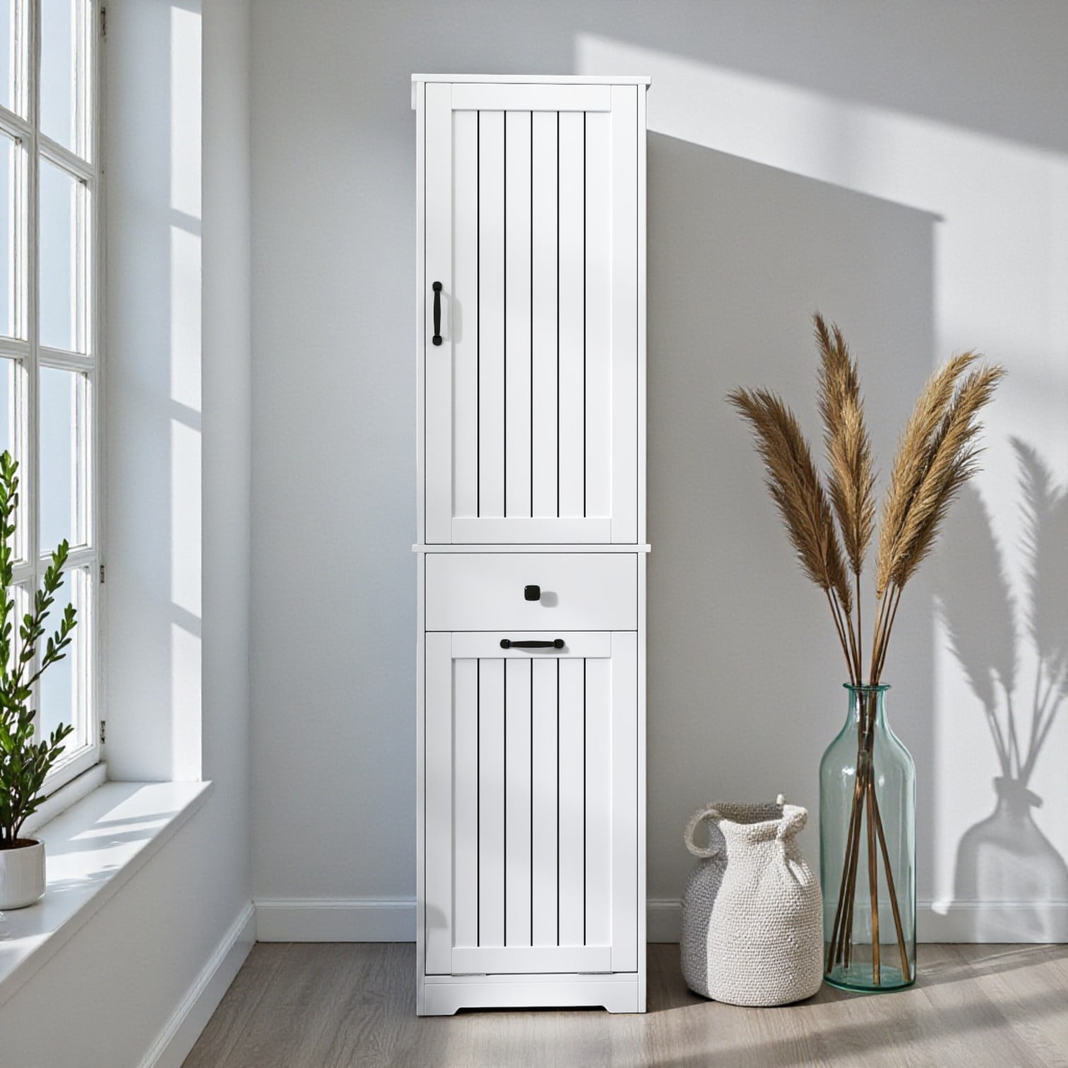 Tcbosik Tall Bathroom Cabinet with Removable Cloth Bag, Tilt Out Laundry Hamper Cabinet with Drawer and Door, Hidden Laundry Hamper Organizer with Shelves for Small Space, White