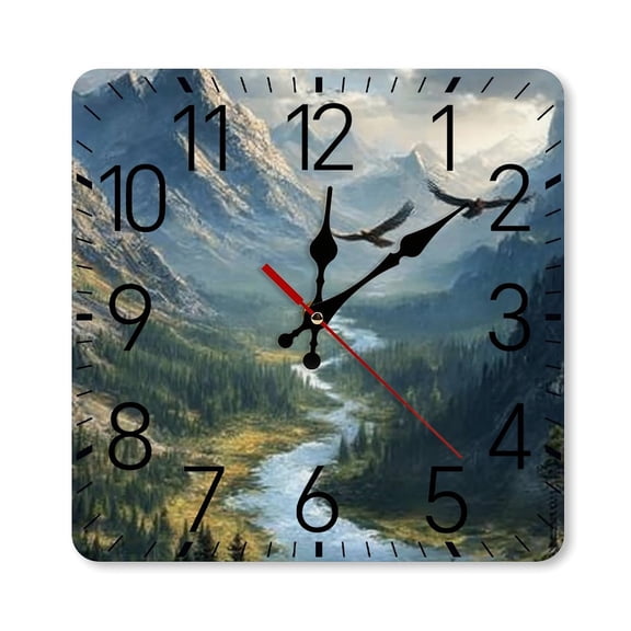 RKSupls 10×10inch Square Silent Wall Clock Wooden Frame, Mountain Eagles Flying Scale Decorative Clock for Home Bedroom Living Room Office
