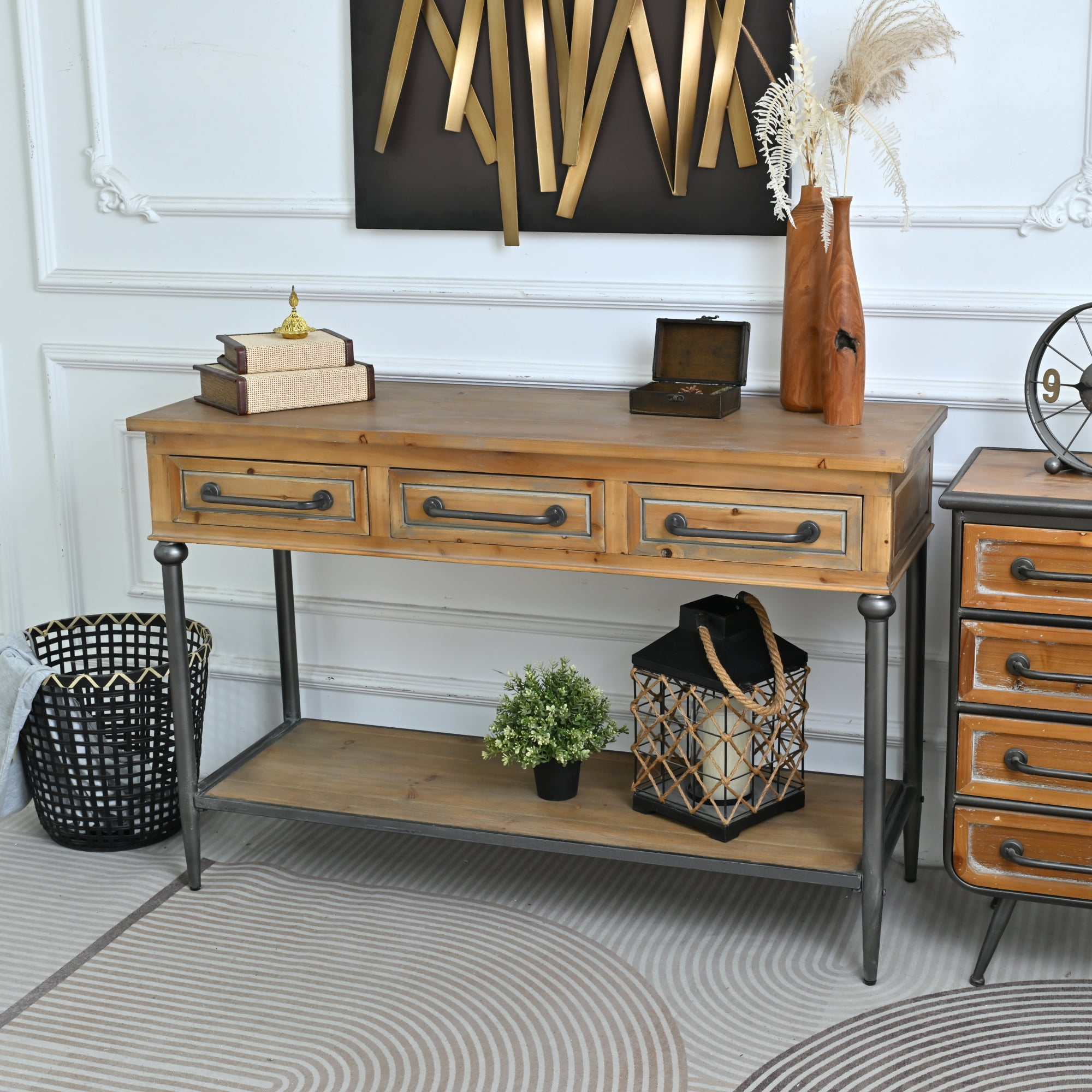 Leumius 48.03" Accent Rustic Storage Console Table, Rectangle Solid Wooden Top Metal Leg Console Table with Open Shelf and 3 Drawers for Living Room