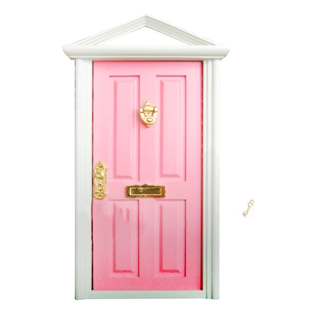 Wooden Door 1:12 Miniature w Knocker Doorplate Lock Furniature Dollhouse Toy Red