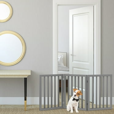 Pet Gate – Dog Gate for Doorways, Stairs, or Room – 23.75-inch-Tall Freestanding 3 Panel Accordion Style Wooden Indoor Dog Fence by PETMAKER (Gray)