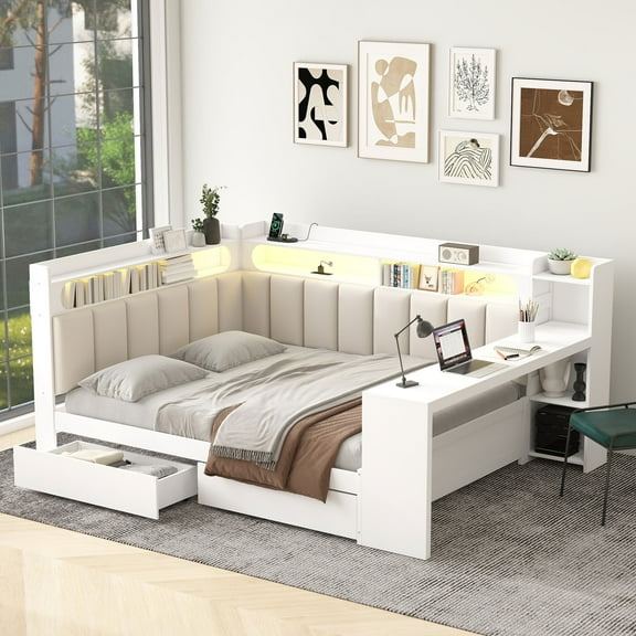 Euroco Wood Full Size Daybed with Storage Desk and Shelves, Bed with Upholstered Headboard and Backrest, LED Light, USB Ports and Drawers, White