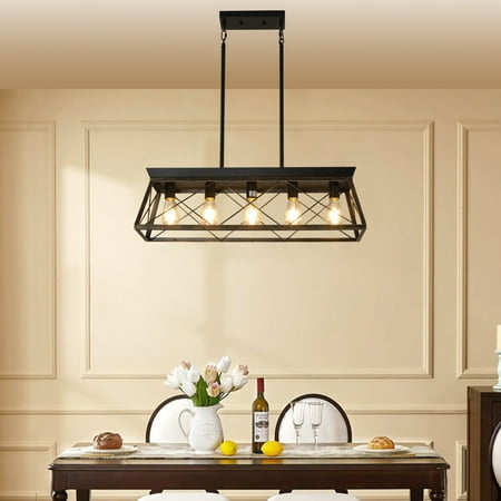 

KUBEAUTY Modern 5-Light Black Gold Farmhouse Chandeliers for Dining Room Rustic Metal Pendant Island Light Fixture Stylish Rectangular Island Lights for Kitchen and Living Room - Bulbs