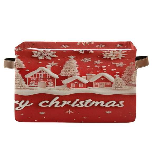 Christmas Red Background Foldable Storage Basket,Canvas Fabric Foldable Storage Bins with Handles Open Home Storage Bins Boxes for Toy Book Shelf Closet Baskets
