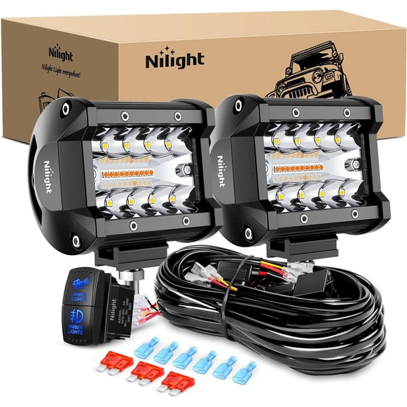 Nilight 4Inch Off-Road LED Light Bar, 2PCS 60W 3 Lighting Modes (White/Amber/White&Amber) Driving Fog Light Spot Flood Lights with 18AWG Wiring Harness for Truck Car ATV SUV Jeep Boat