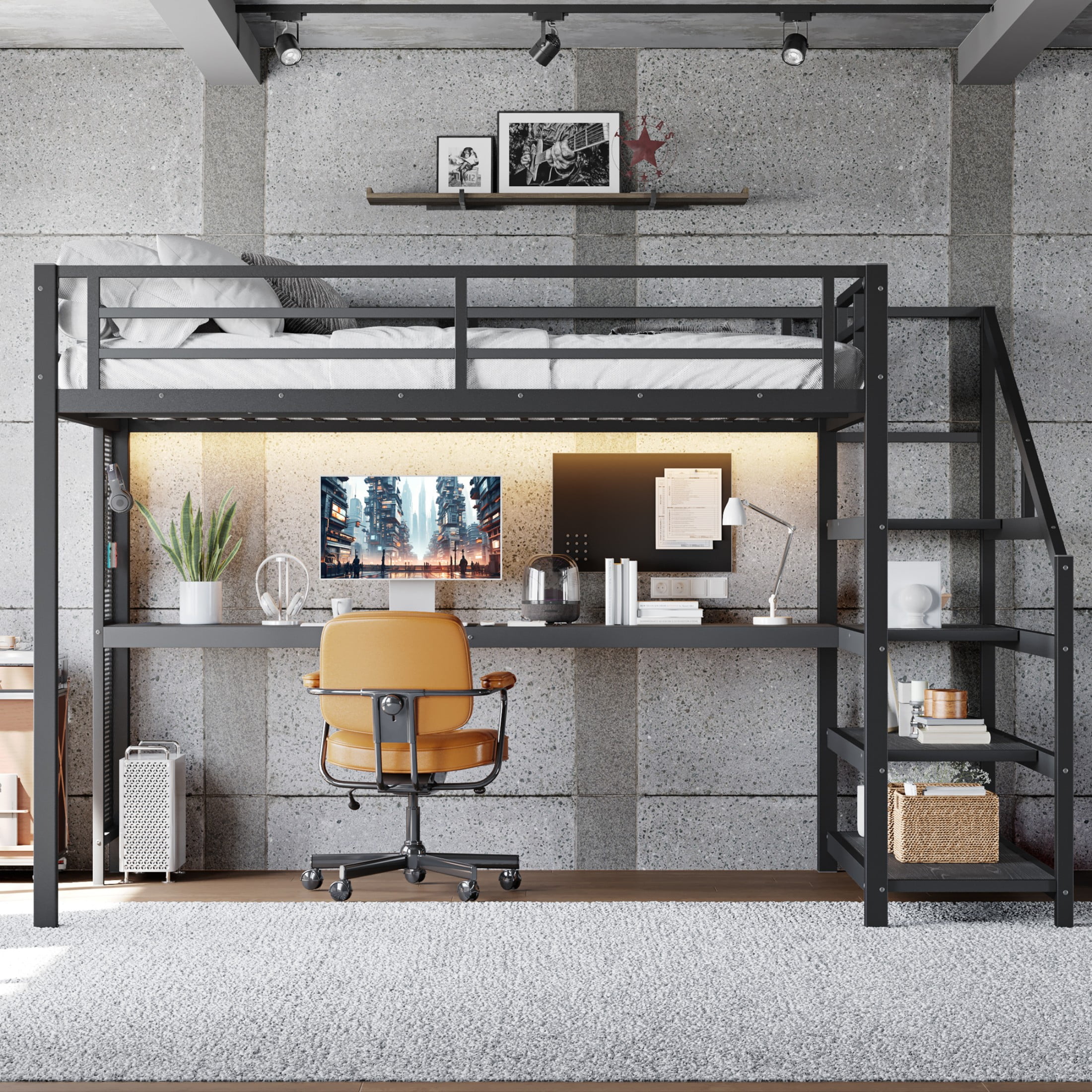 Aukfa Queen Size Metal Loft Bed with Desk and Storage Stairs, Heavy-Duty Bed Frame with USB Ports & LED Lights for Teens, Kids & Adults, Black