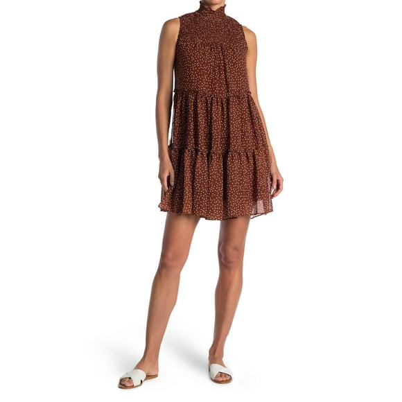 TAYLOR Womens Brown Smocked Sheer Lined Tiered Polka Dot Sleeveless Mock Neck Mini Shift Dress Petites 8P