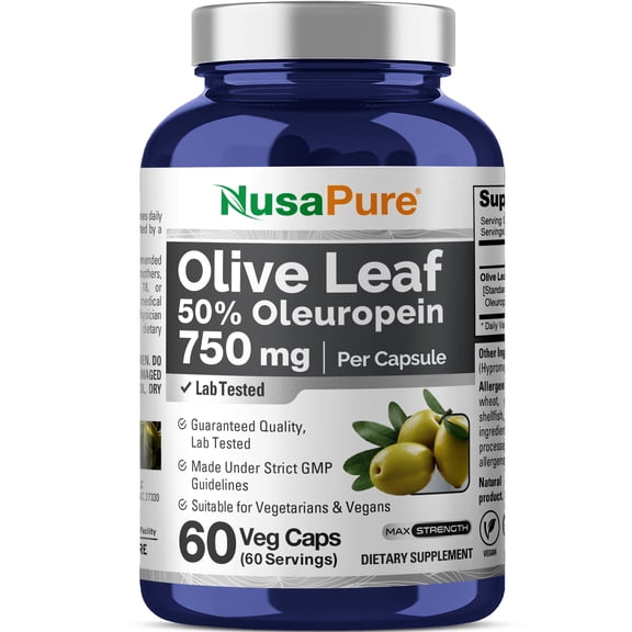 NusaPure 750mg Olive Leaf Extract 60 Caps, Non-GMO, Gluten-Free, 50% Oleuropein, Unisex Dietary Supplement for Adult Health & Wellness
