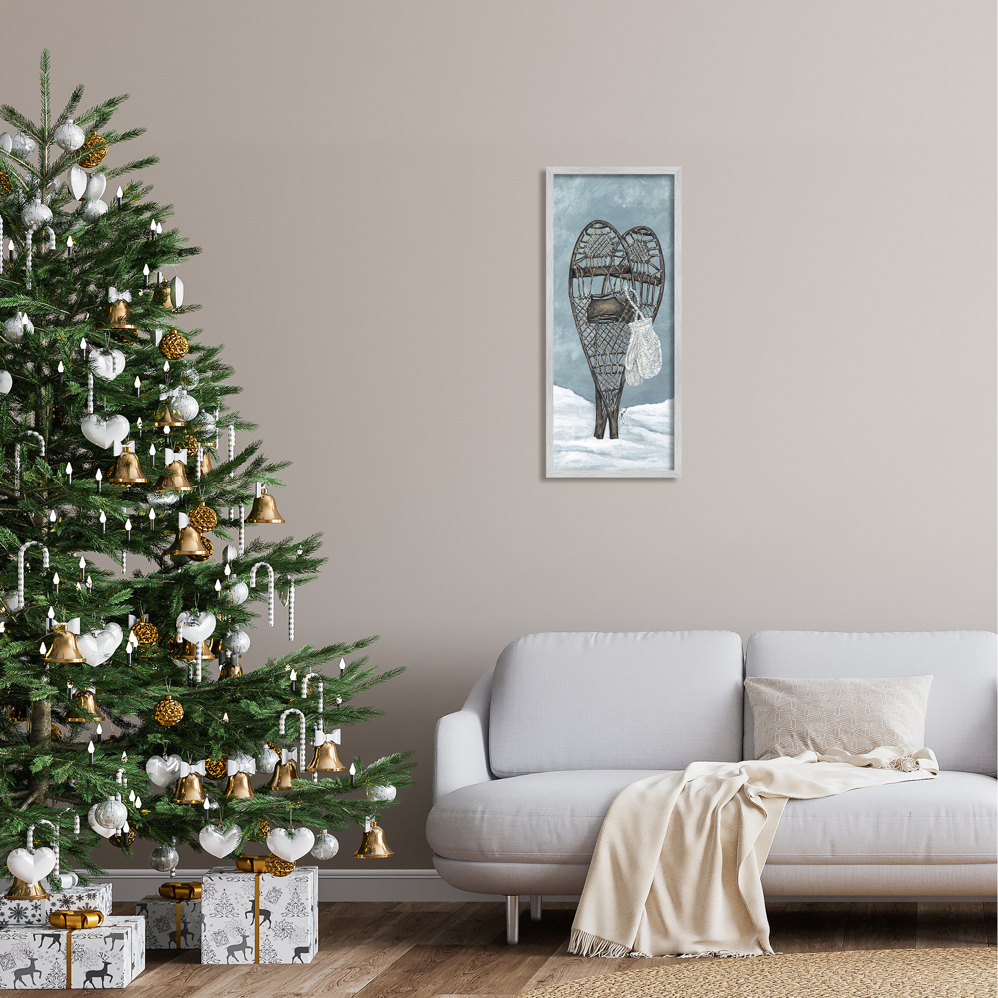Stupell Industries Snowshoes & Winter Gloves Holiday Painting Gray Framed Art Print Wall Art, 13 x 30