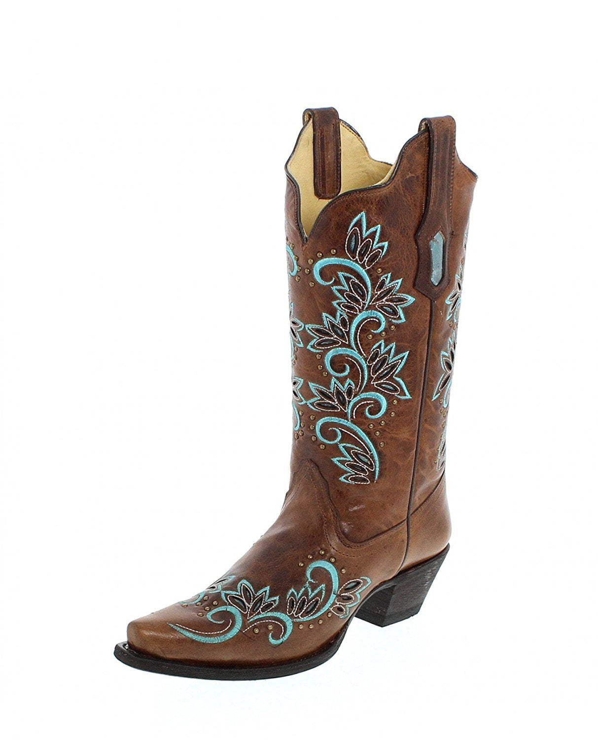 Womens New Stitched Leather Studded Cowgirl Western Boots Snip Toe Brown Pink Purple Turquoise Honey