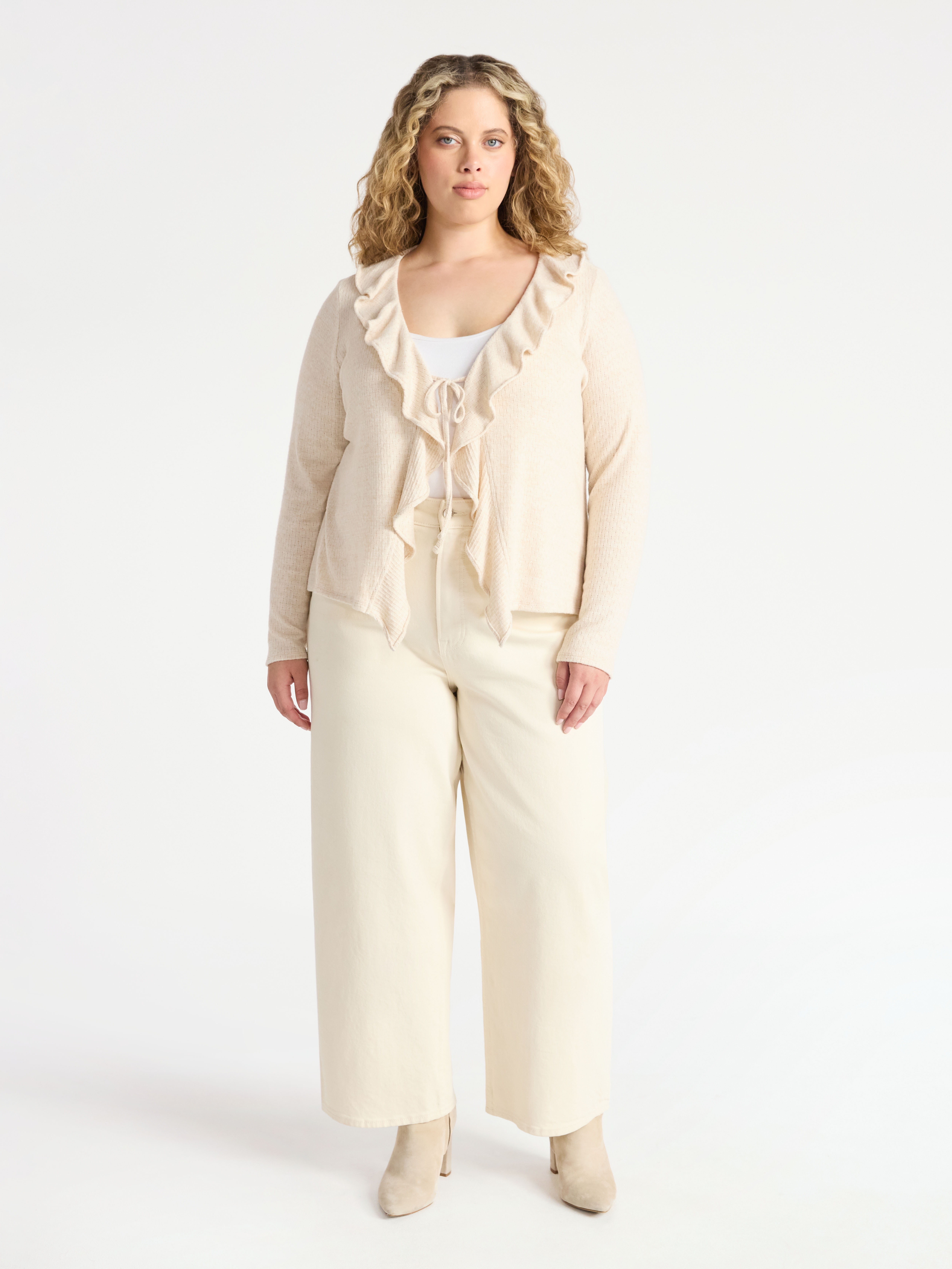 Women's Plus Tie Front Ruffle Cardigan Sweater, Sizes 0X-5X - image 5