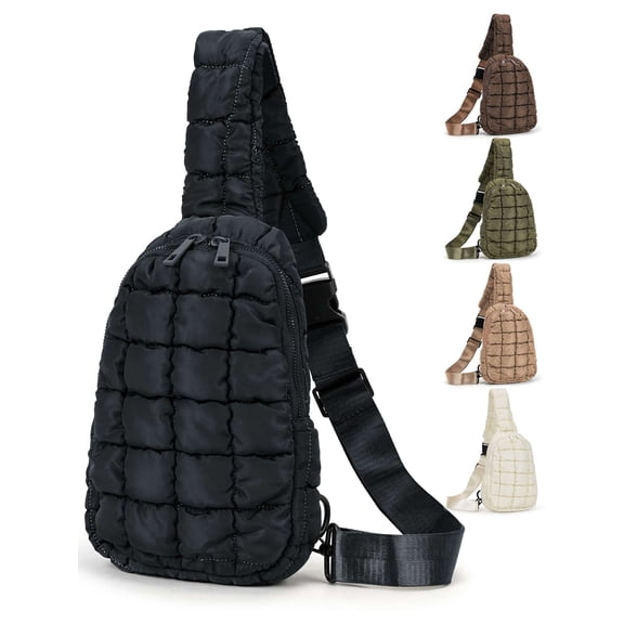 Gustave Quilted Puffer Sling Bag for Women Men Small Crossbody Purse Sling Backpck Lightweight Chest Bag Fanny Pack with Adjustable Shoulder Strap for Daily Travel Hiking - Black