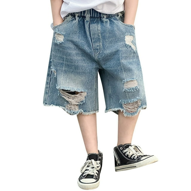 XDZJLR Pantalons pour Garçons Mode Jeans Déchirés Vêtements d'Été Rétro pour Enfants Shorts 7-8 Ans