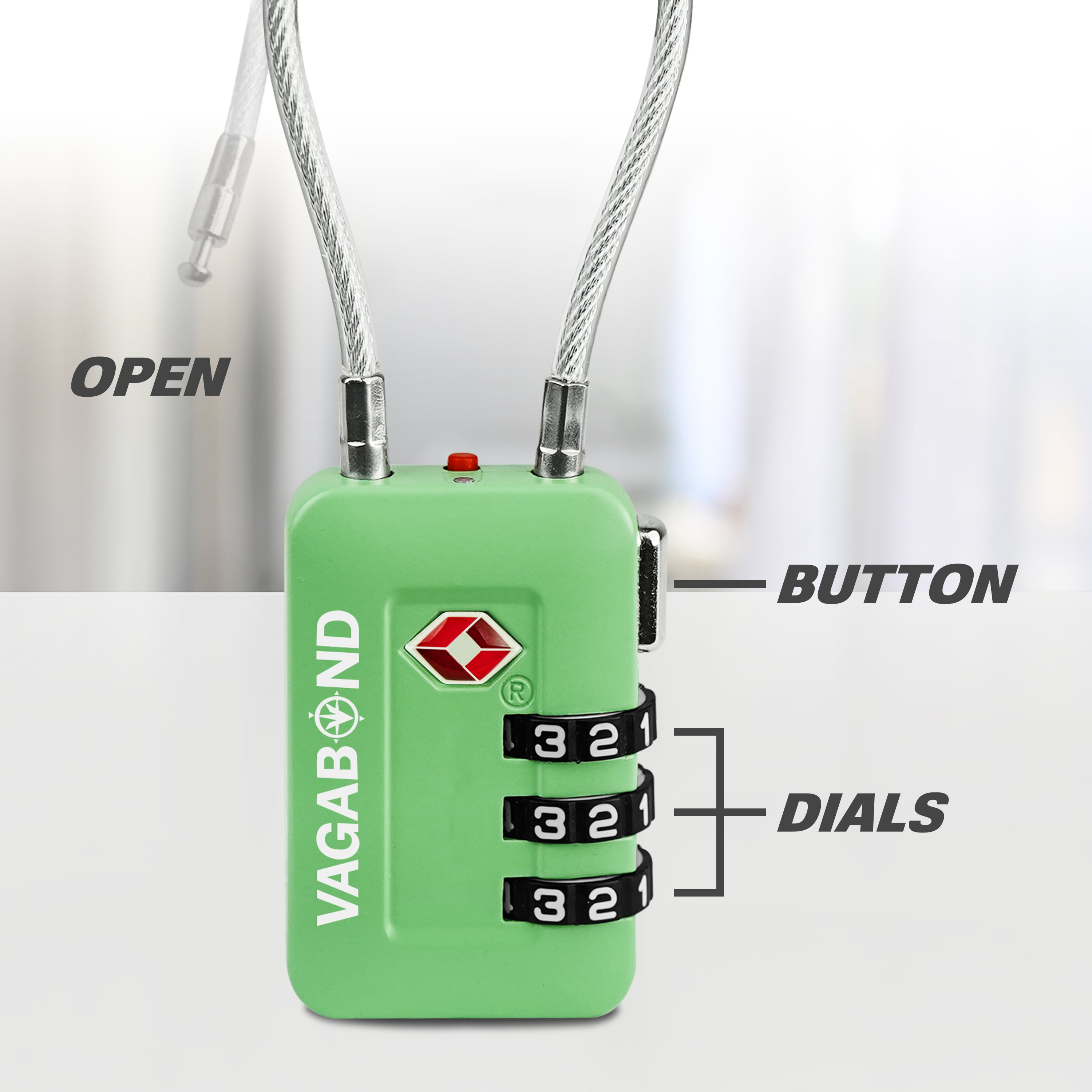 VAGABOND TSA Accepted Luggage Travel Lock 3 Digit Combination Keyless Resettable Suitcase Steel Cable Lock with Zinc Alloy Body Green 2 Pack