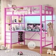thumbnail image 2 of Aunfebrco Metal Loft Bed Twin Size with L-Shaped Desk and 3 Fabric Drawers, LED Loft Bed Frame with LED Lights and Charging Station, Safety Guard & Ladder & 3 Storage Shelves, Pink, 2 of 9