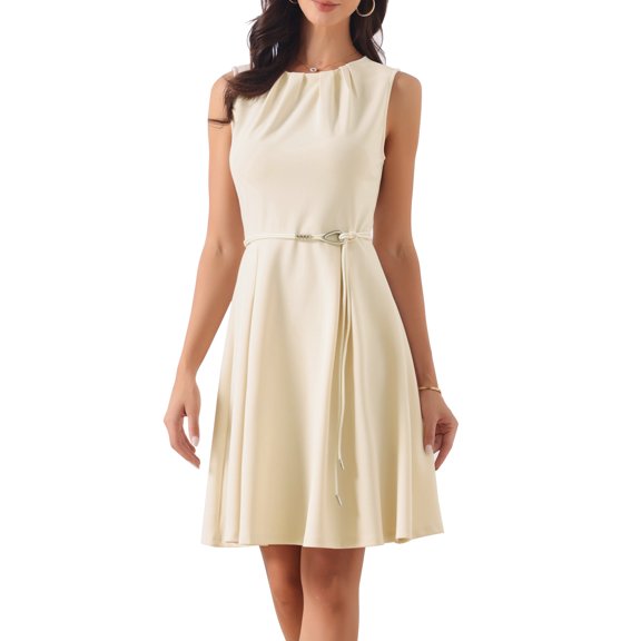 DARING DIVA Women's Elegant Work Sleeveless Pleated A-line Crew Neck Midi Dress S Beige