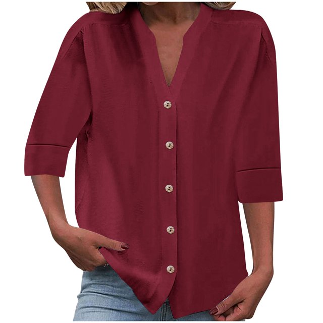 Timegard Womens Tops 1/2 Sleeve V Neck Button down Shirts Casual Loose Lightweight Blouse Solid Color