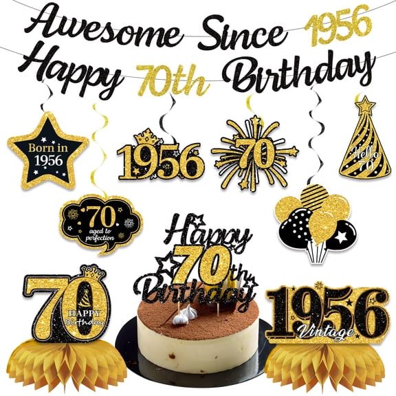 Black Gold 70th Birthday Party Decor Kit 2 Banners 6 Swirls 3 Honeycombs 1 Cake Topper