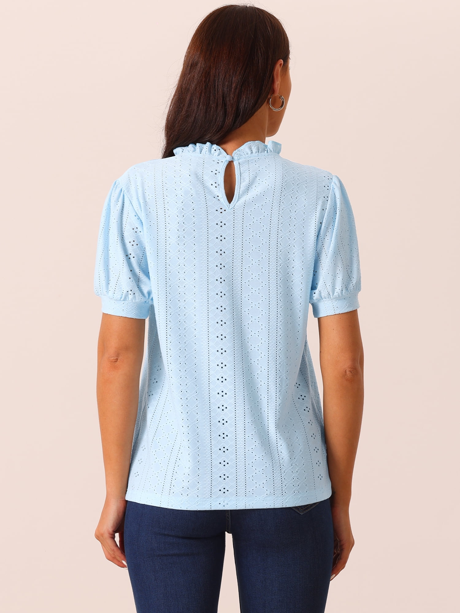 DARING DIVA Women's Puff Sleeve Eyelet Tops Back Button Down Blouses XL Light Blue
