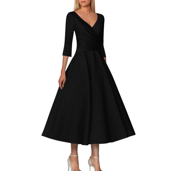 Womens Dresses A Line Mother Of The Bride Dress Wedding Guest Vintage Plus Size Elegant V Neck Tea Length Satin 1/2 Length Sleeve With Pleats Summer Dresses 2023