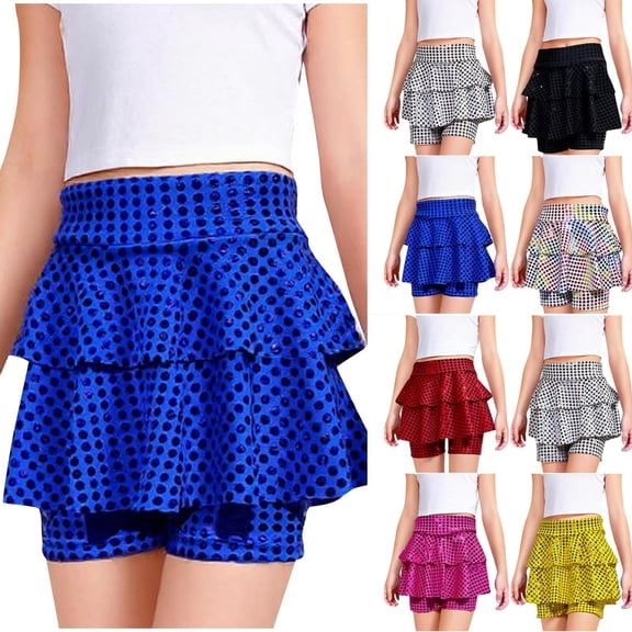 jobturf Girls Skirt Sparkly 2 Layer Ruffle Sequin Skorts Elastic Waist Built in Shorts Dance Party A Line Skirts Kids Clothes Size 4-14 Years
