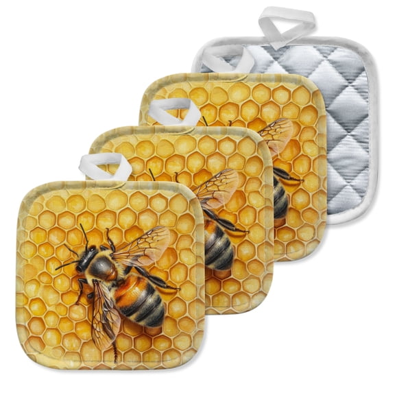 4 Pack Pot Holders,Kitchen Essential, Potholder Set,Honeybee And Its Artful Honeycomb