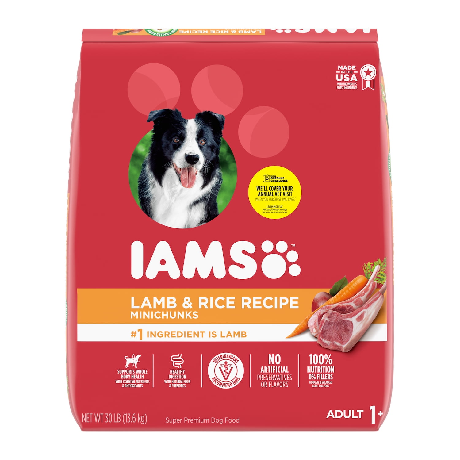 IAMS Adult Minichunks Dry Dog Food Lamb & Rice Recipe Dog Kibble, 30 lb. Bag