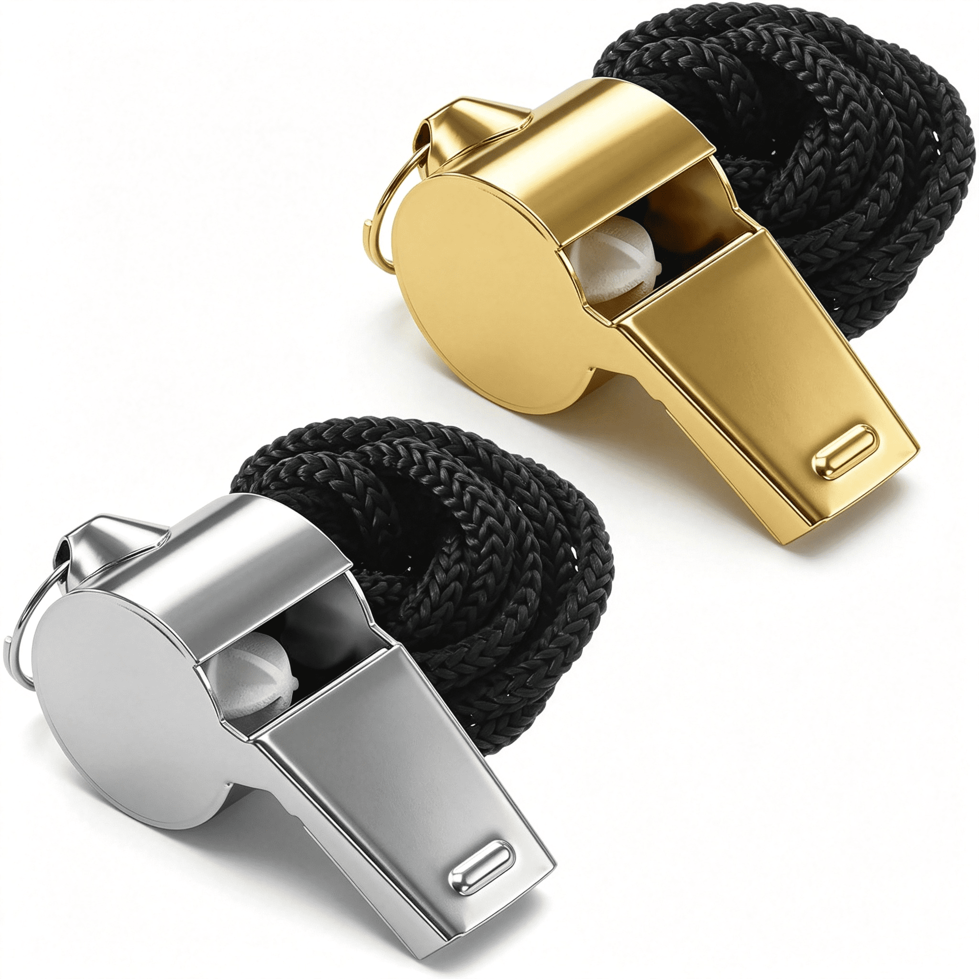 XUBIYM 2Pcs Whistles for Coaches Stainless Steel Sports Whistle with Lanyard,Loud Crisp Sound Whistles,Silver&Gold Metal Whistle for Coaching Referees Teachers Soccer Emergency Outdoor Sports