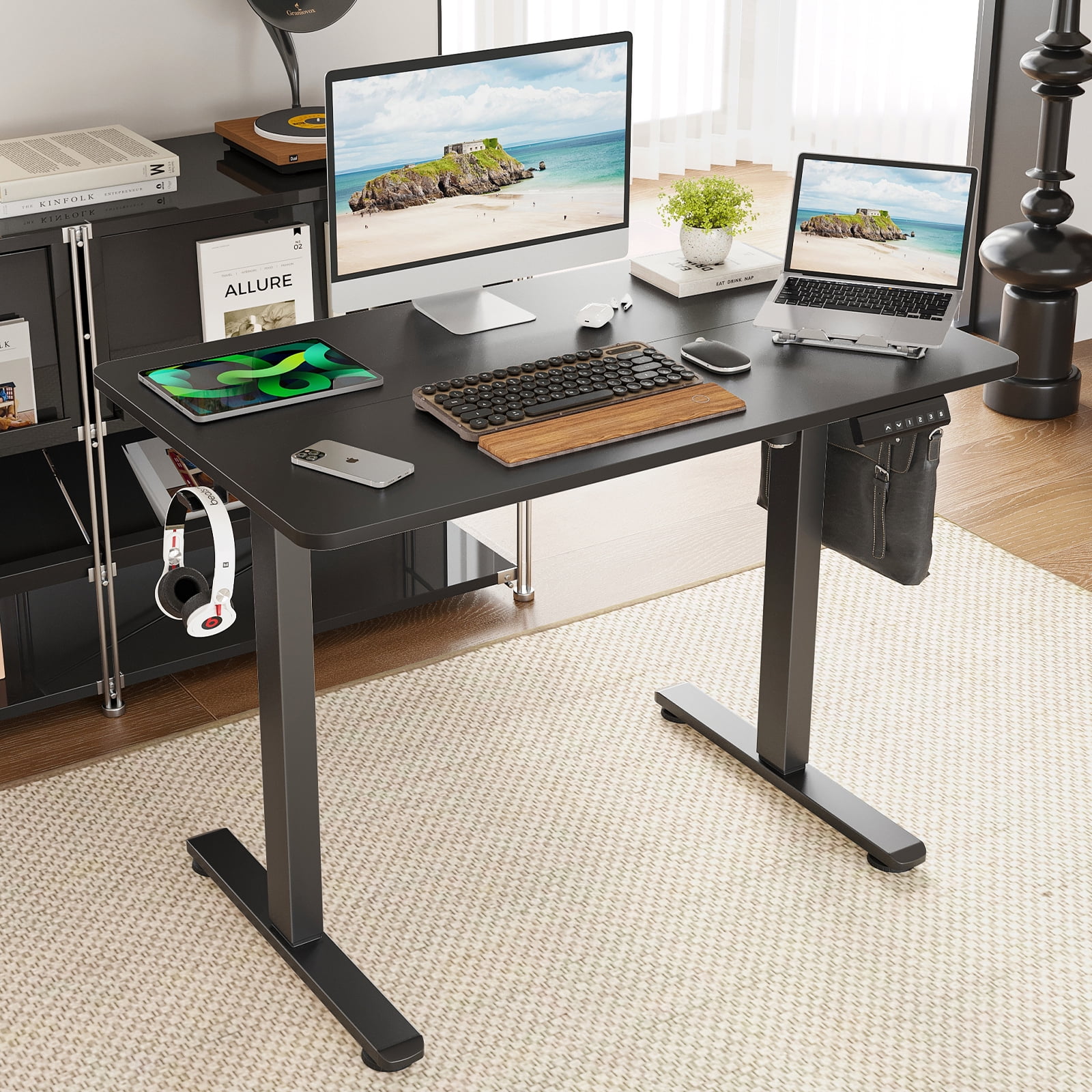 Farini Adjustable Standing Desk for Home Office, 40"x24" Electric Sit-Stand Desk with Splice Board, Black