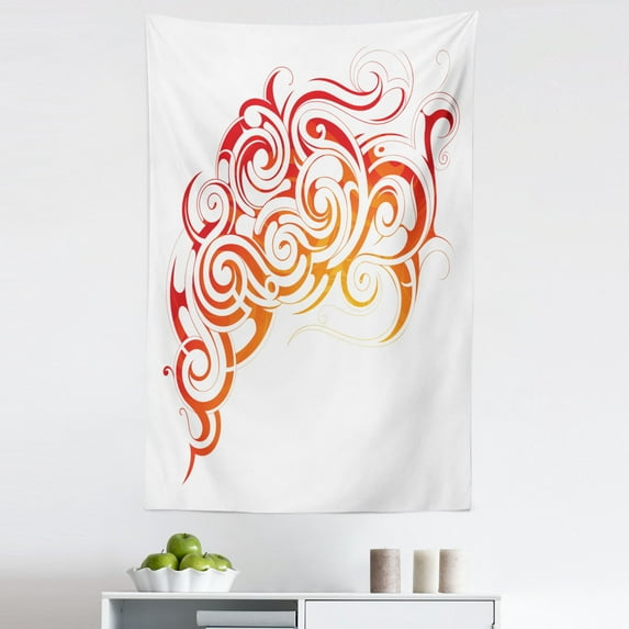 Smoke Tapestry, Tribal Tattoo Inspired Abstract and Smoke Ornament Illustration, Fabric Wall Hanging Decor for Bedroom Living Room Dorm, 5 Sizes, Vermilion Orange, by Ambesonne
