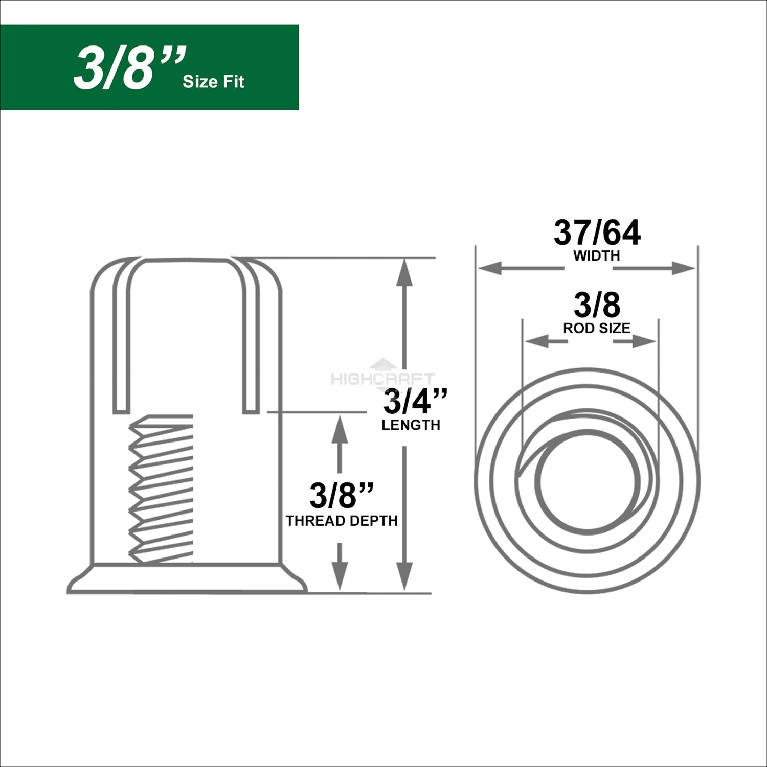 Highcraft 1/2” Mini Drop-In Anchors, Zinc Plated Steel, Knurled, 50 Pk