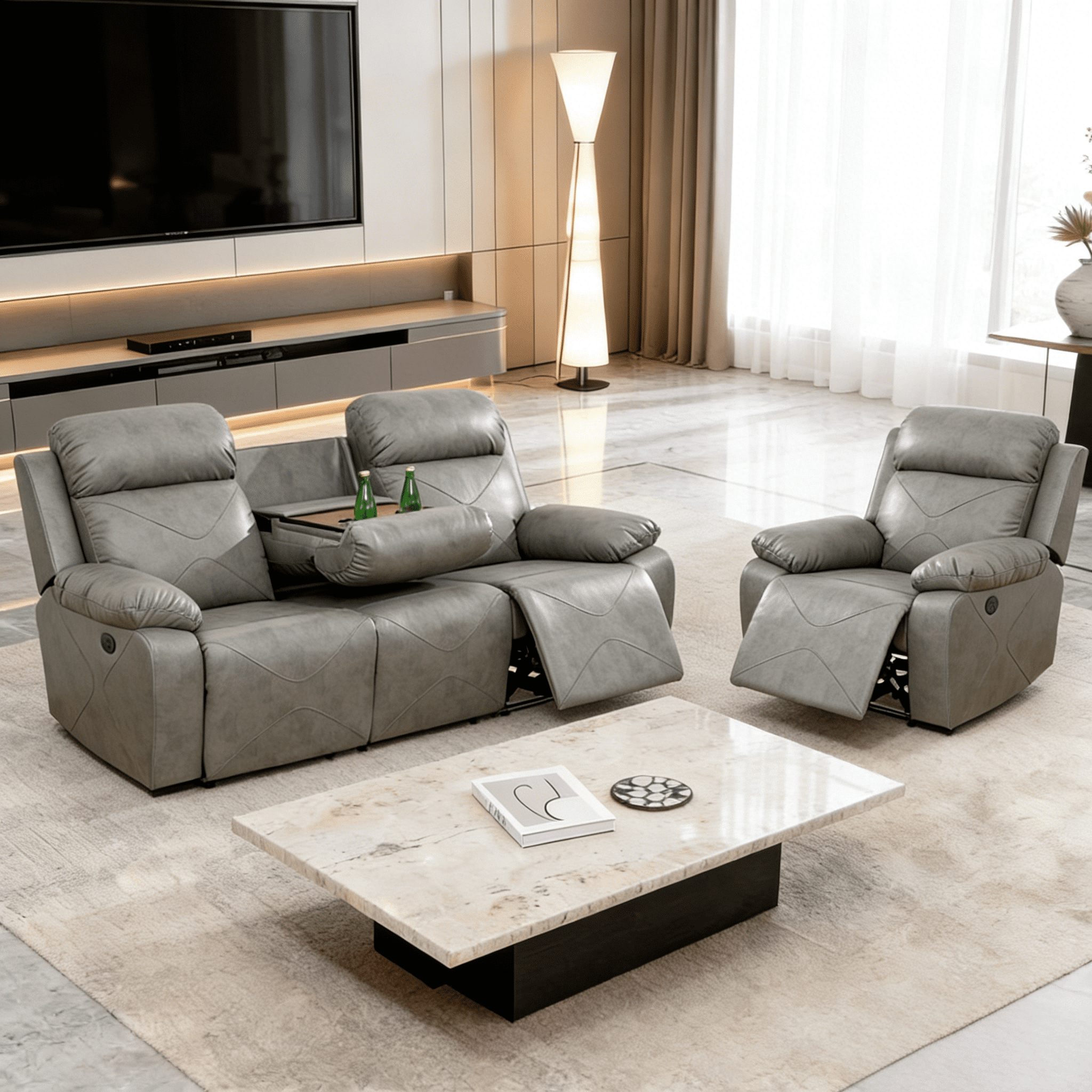 Gewnee 3-Seat Power Adjustable Sofa and Recliner with Console and Cup Holders, Air Leather and High-Elasticity Sponge, Adjustable Reclining Angle, Ideal for Living Room,Silver