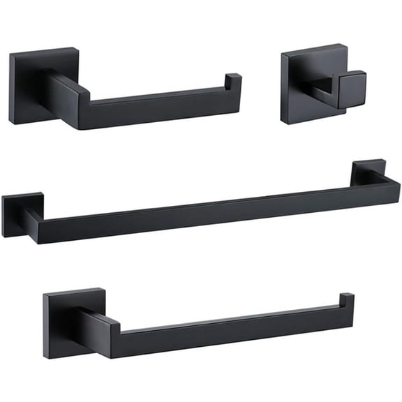 QUTETN 4-Piece No-Drill Matte Black Bathroom Hardware Set - Modern Square Base Towel Bar, Hand Towel Holder & Hook for Bathroom